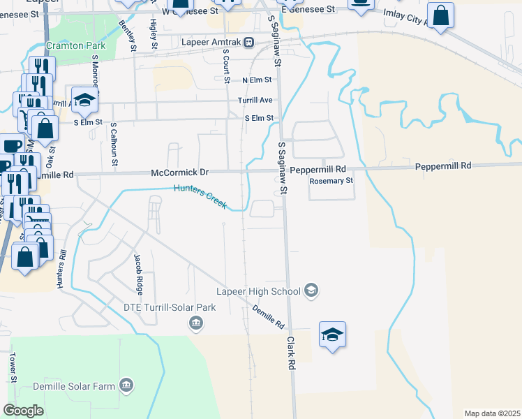 map of restaurants, bars, coffee shops, grocery stores, and more near 760 South Saginaw Street in Lapeer