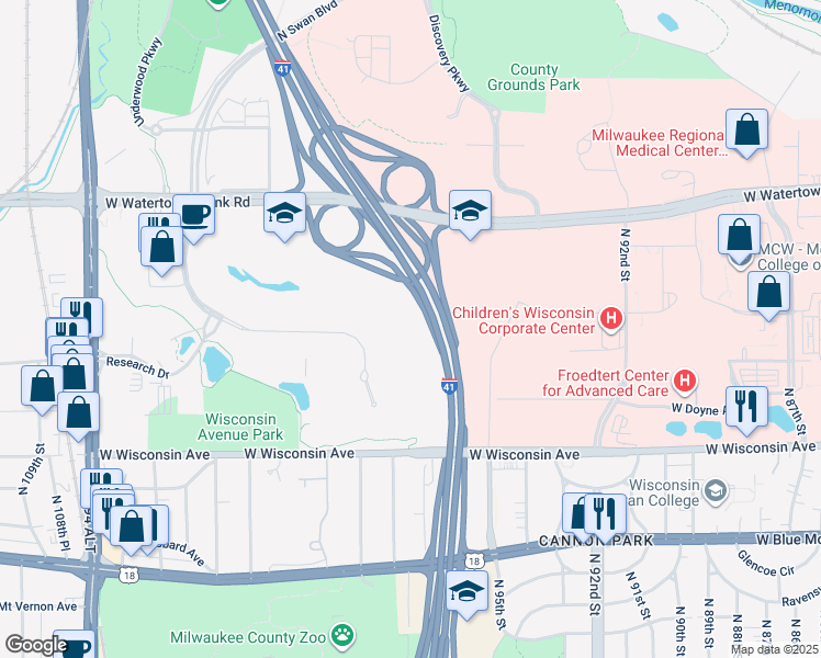map of restaurants, bars, coffee shops, grocery stores, and more near 10000 West Innovation Drive in Wauwatosa