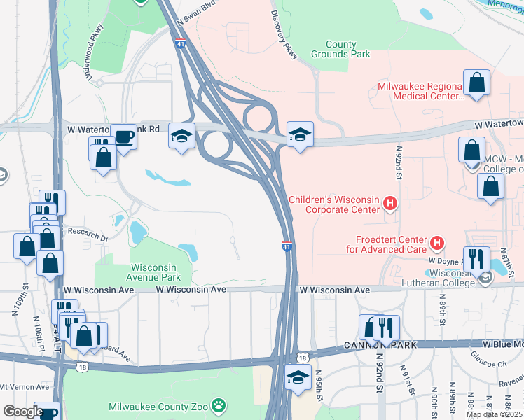 map of restaurants, bars, coffee shops, grocery stores, and more near 10000 West Innovation Drive in Wauwatosa