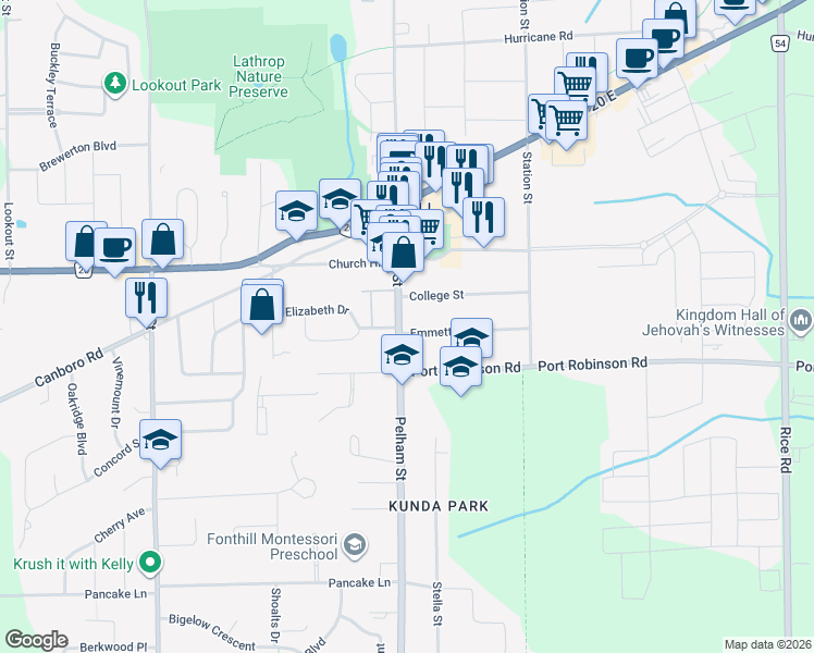 map of restaurants, bars, coffee shops, grocery stores, and more near 1375 Pelham Street in Pelham