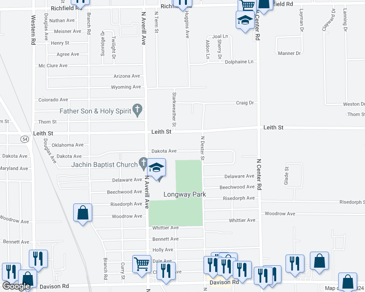 map of restaurants, bars, coffee shops, grocery stores, and more near 3513 Dakota Avenue in Flint