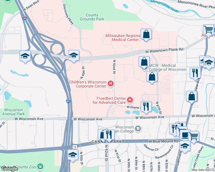 map of restaurants, bars, coffee shops, grocery stores, and more near 999 North 92nd Street in Wauwatosa