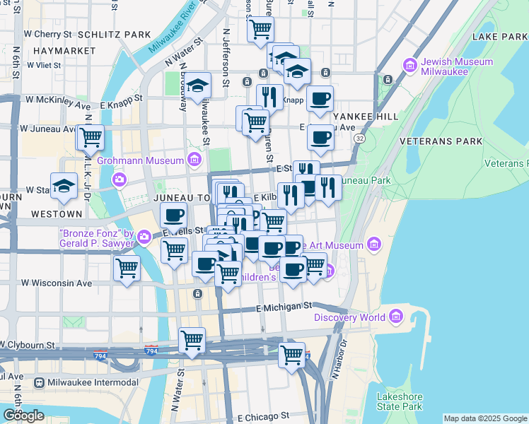 map of restaurants, bars, coffee shops, grocery stores, and more near in Milwaukee