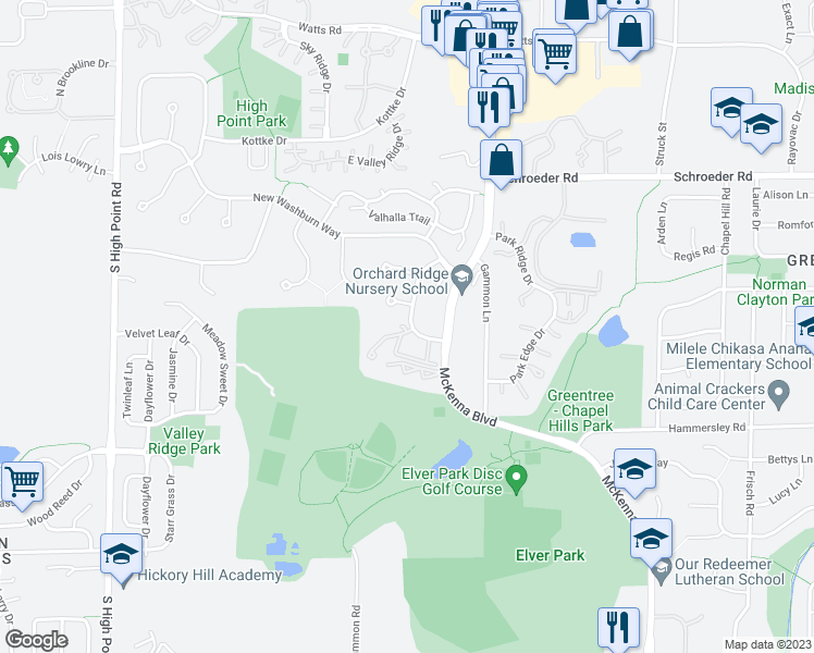 map of restaurants, bars, coffee shops, grocery stores, and more near 1100 Morraine View Drive in Madison