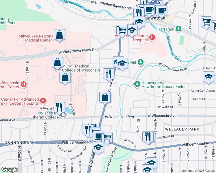 map of restaurants, bars, coffee shops, grocery stores, and more near in Wauwatosa