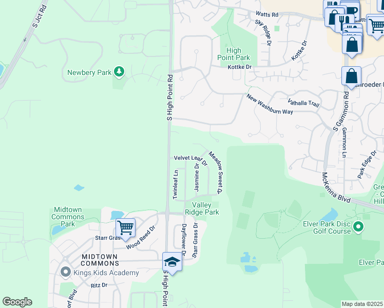 map of restaurants, bars, coffee shops, grocery stores, and more near 1142 Meadow Sweet Drive in Madison