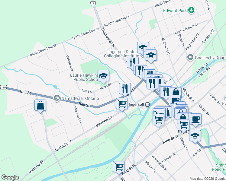 map of restaurants, bars, coffee shops, grocery stores, and more near 134 Skye Street in Ingersoll