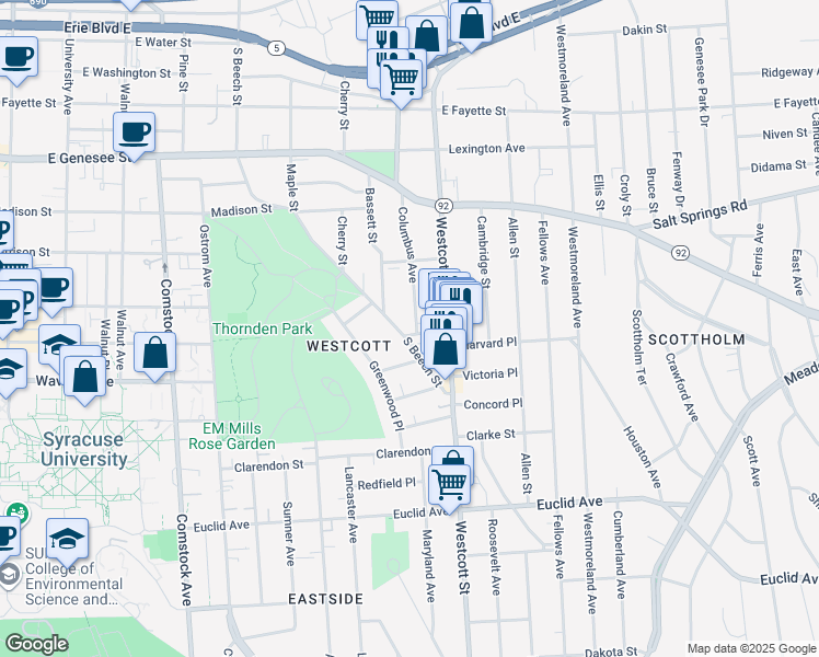 map of restaurants, bars, coffee shops, grocery stores, and more near 553 Columbus Avenue in Syracuse