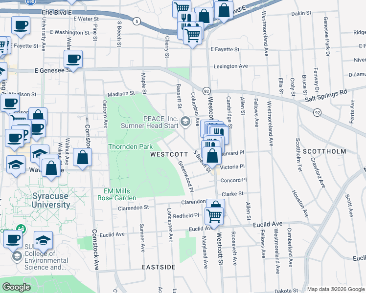 map of restaurants, bars, coffee shops, grocery stores, and more near 620 South Beech Street in Syracuse