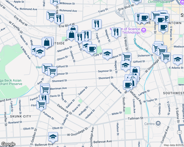 map of restaurants, bars, coffee shops, grocery stores, and more near 512 Oswego Street in Syracuse