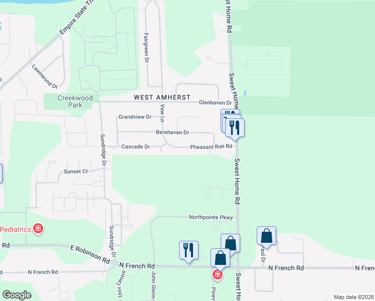 map of restaurants, bars, coffee shops, grocery stores, and more near 106 Pheasant Run Road in Buffalo
