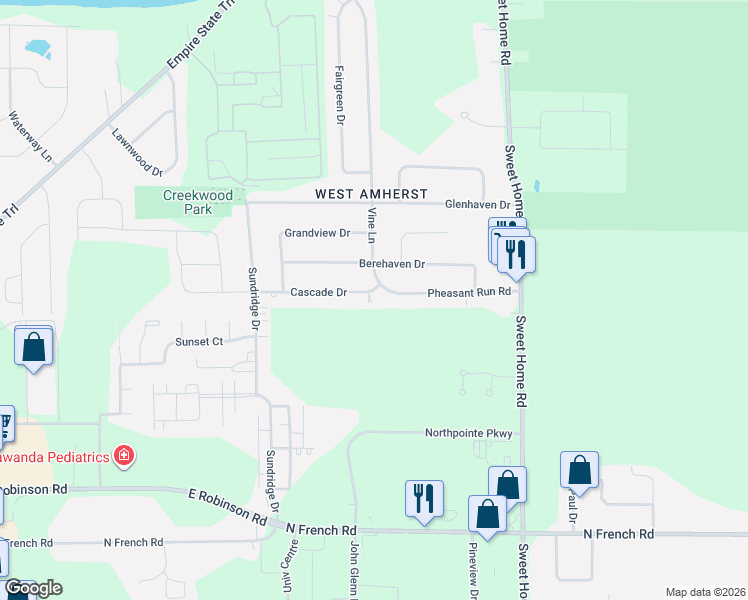 map of restaurants, bars, coffee shops, grocery stores, and more near 142 Pheasant Run Road in Buffalo