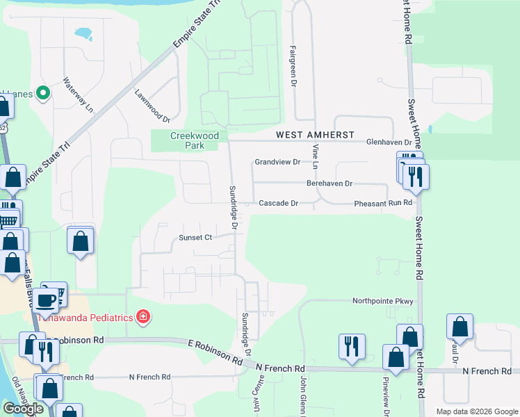 map of restaurants, bars, coffee shops, grocery stores, and more near 110 Cascade Drive in Buffalo