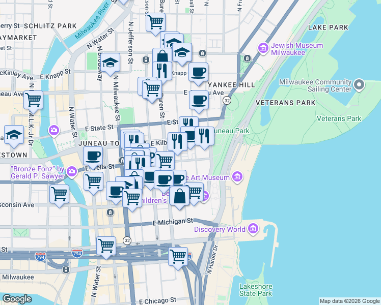 map of restaurants, bars, coffee shops, grocery stores, and more near 817 North Marshall Street in Milwaukee