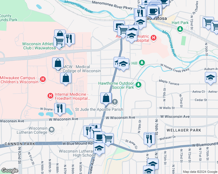 map of restaurants, bars, coffee shops, grocery stores, and more near in Wauwatosa