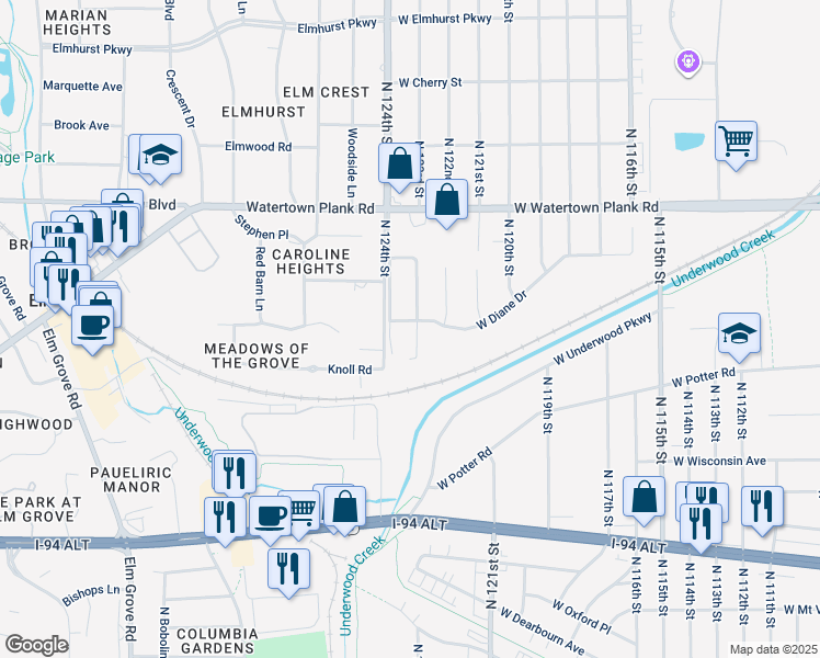 map of restaurants, bars, coffee shops, grocery stores, and more near 1006 North 124th Street in Wauwatosa