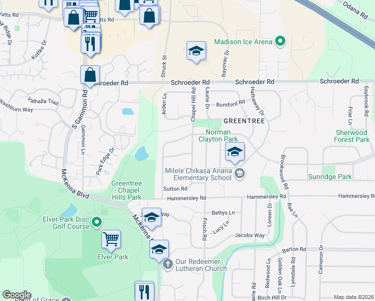map of restaurants, bars, coffee shops, grocery stores, and more near 6609 Piping Rock Road in Madison