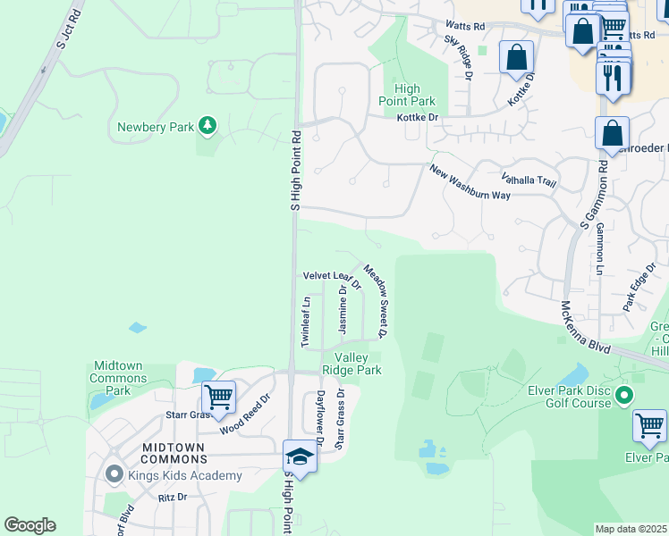 map of restaurants, bars, coffee shops, grocery stores, and more near 1142 Meadow Sweet Drive in Madison