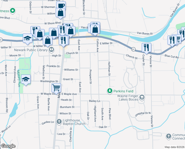map of restaurants, bars, coffee shops, grocery stores, and more near 505 Colton Avenue in Newark