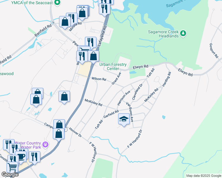 map of restaurants, bars, coffee shops, grocery stores, and more near 155 Grant Avenue in Portsmouth