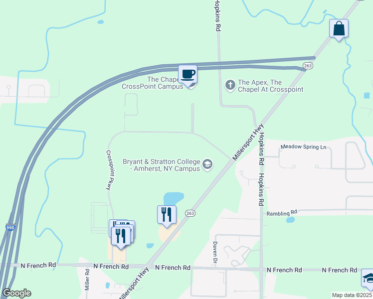 map of restaurants, bars, coffee shops, grocery stores, and more near 475 Crosspoint Parkway in Getzville