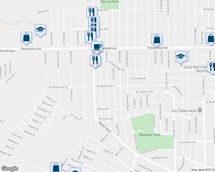 map of restaurants, bars, coffee shops, grocery stores, and more near 2298 West Dartmouth Street in Flint