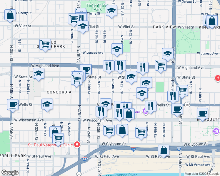 map of restaurants, bars, coffee shops, grocery stores, and more near 939 North 24th Street in Milwaukee