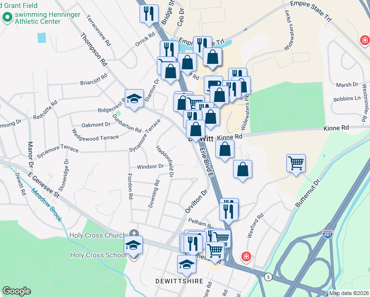 map of restaurants, bars, coffee shops, grocery stores, and more near 5599 Thompson Road in Syracuse