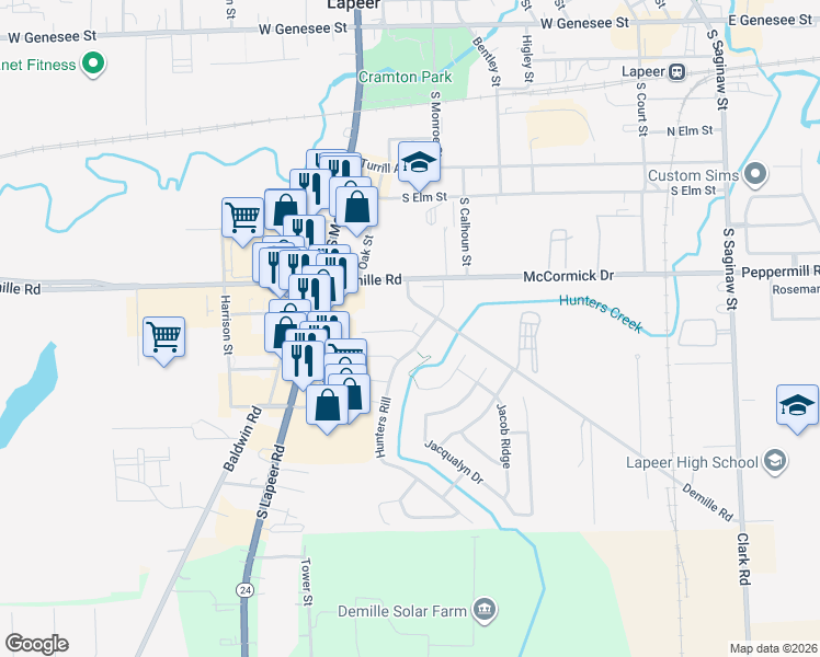 map of restaurants, bars, coffee shops, grocery stores, and more near 25 Hunters Rill in Lapeer