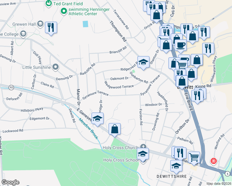 map of restaurants, bars, coffee shops, grocery stores, and more near 305 Wedgewood Terrace in Syracuse