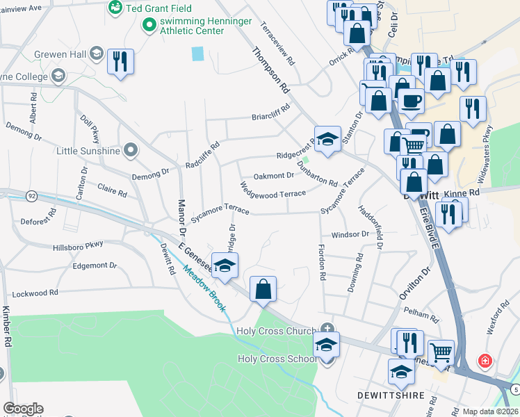 map of restaurants, bars, coffee shops, grocery stores, and more near 305 Wedgewood Terrace in Syracuse