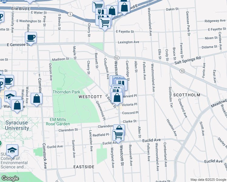 map of restaurants, bars, coffee shops, grocery stores, and more near 553 Columbus Avenue in Syracuse