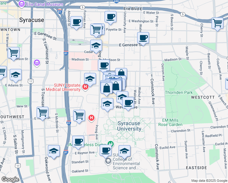 map of restaurants, bars, coffee shops, grocery stores, and more near 1004 East Adams Street in Syracuse