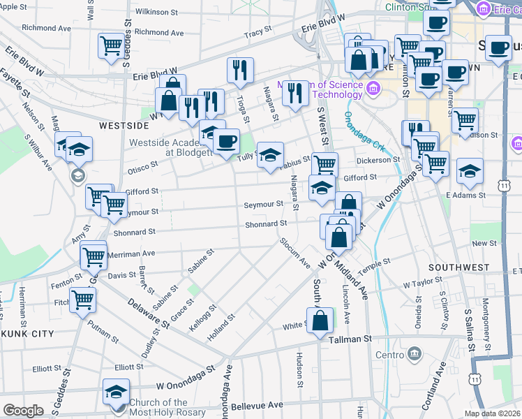 map of restaurants, bars, coffee shops, grocery stores, and more near 340 Seymour Street in Syracuse