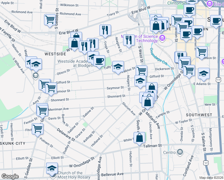 map of restaurants, bars, coffee shops, grocery stores, and more near 340 Seymour Street in Syracuse