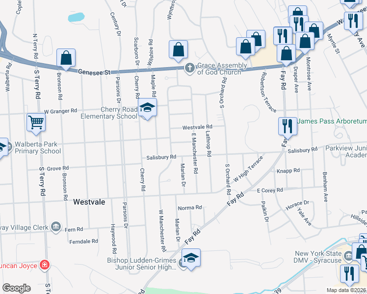 map of restaurants, bars, coffee shops, grocery stores, and more near 108 East Clover Road in Westvale