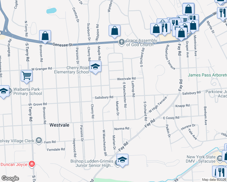 map of restaurants, bars, coffee shops, grocery stores, and more near 128 Clover Road in Syracuse