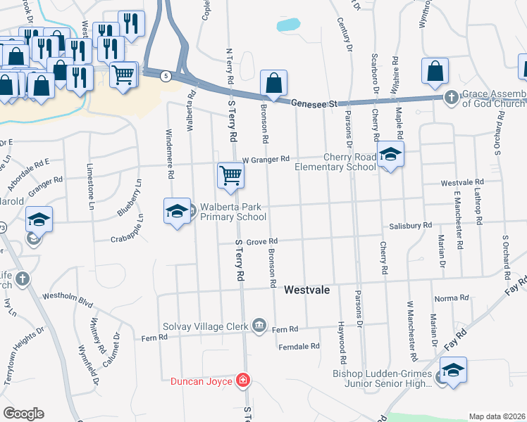 map of restaurants, bars, coffee shops, grocery stores, and more near 229 Bronson Road in Syracuse