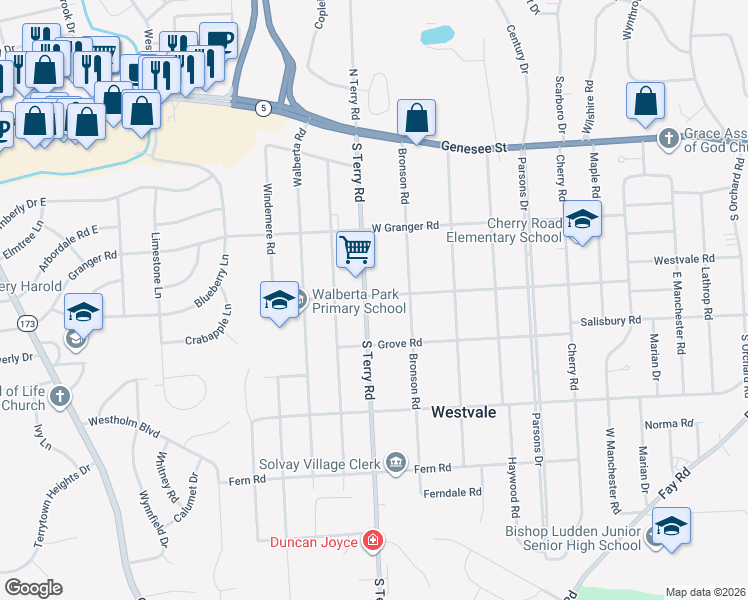 map of restaurants, bars, coffee shops, grocery stores, and more near 410 Clover Road in Syracuse