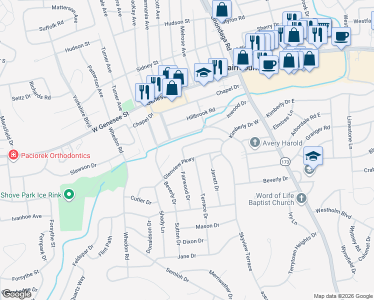 map of restaurants, bars, coffee shops, grocery stores, and more near 225 Kimberly Drive West in Syracuse