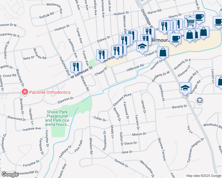 map of restaurants, bars, coffee shops, grocery stores, and more near 199 Beverly Drive in Syracuse