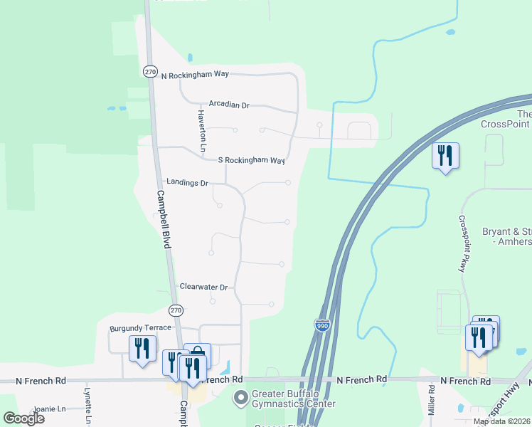 map of restaurants, bars, coffee shops, grocery stores, and more near 233 Landings Drive in Buffalo