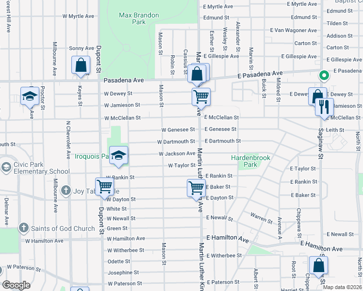 map of restaurants, bars, coffee shops, grocery stores, and more near 128 West Dartmouth Street in Flint
