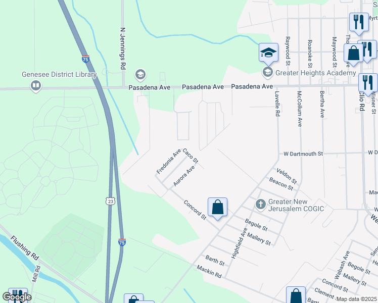 map of restaurants, bars, coffee shops, grocery stores, and more near 2349 Fredonia Avenue in Flint