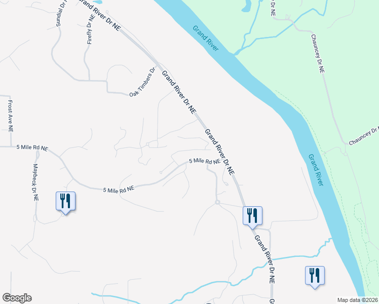 map of restaurants, bars, coffee shops, grocery stores, and more near 4526 Oak Arbor Drive Northeast in Grand Rapids