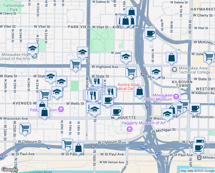 map of restaurants, bars, coffee shops, grocery stores, and more near 936 North 15th Street in Milwaukee