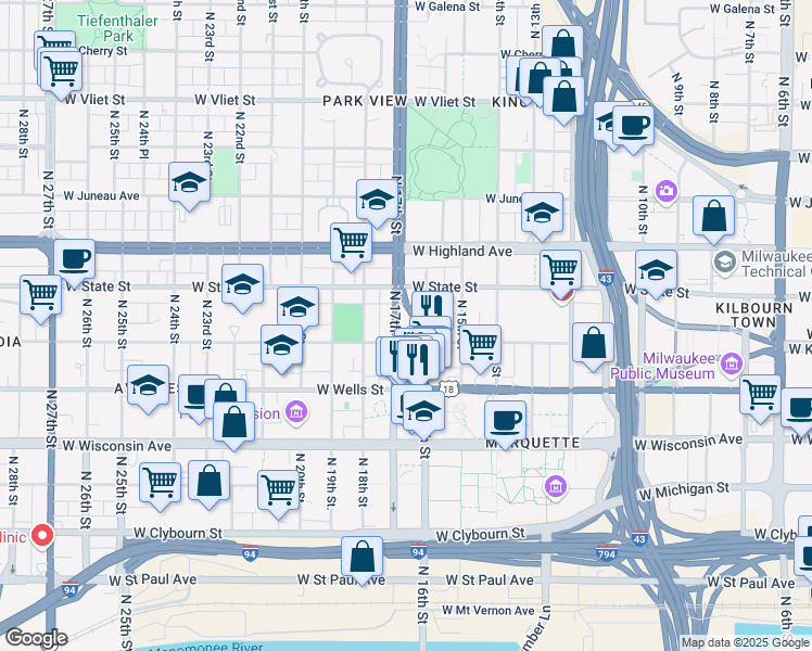 map of restaurants, bars, coffee shops, grocery stores, and more near 939 North 16th Street in Milwaukee
