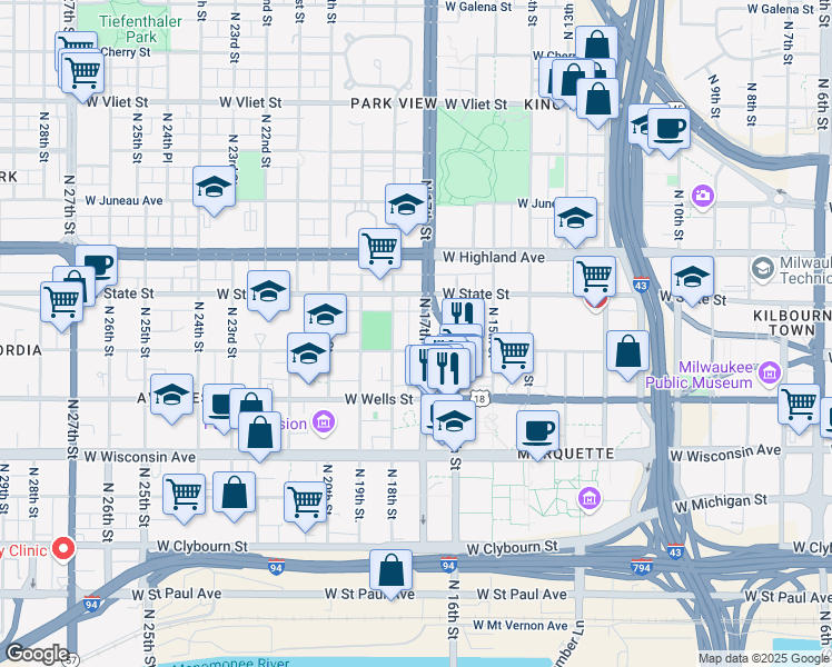 map of restaurants, bars, coffee shops, grocery stores, and more near 939-941 North 17th Street in Milwaukee
