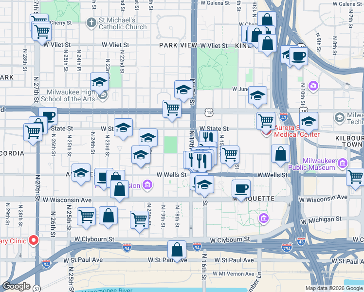 map of restaurants, bars, coffee shops, grocery stores, and more near 939-941 North 17th Street in Milwaukee