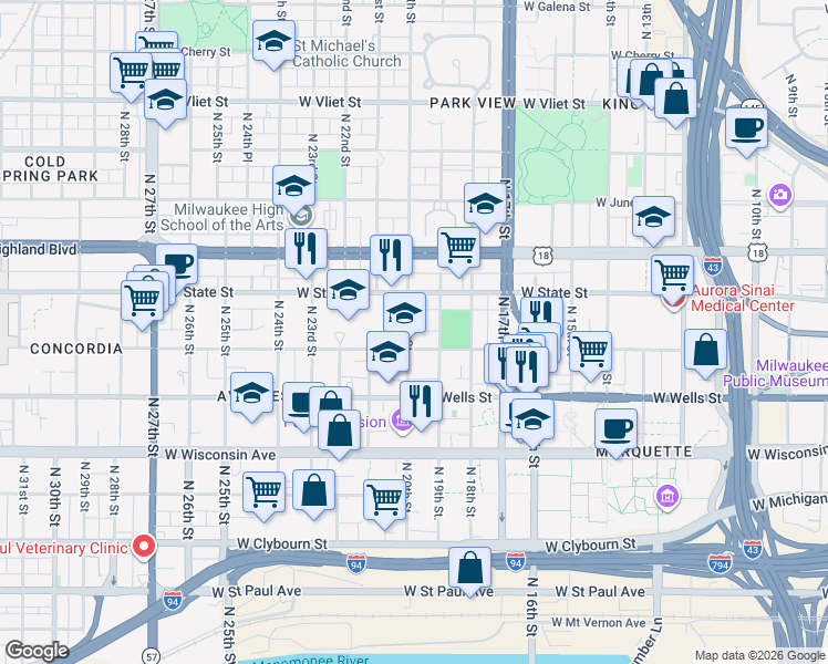 map of restaurants, bars, coffee shops, grocery stores, and more near 936 North 20th Street in Milwaukee